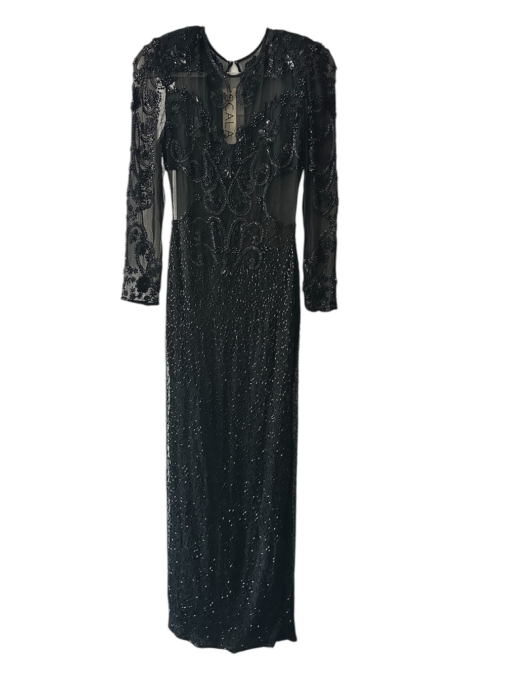 Scala Black Beaded Long-Sleeve Evening Gown. NWT. Size Medium.